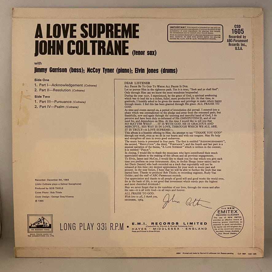 John Coltrane – A Love Supreme VG+/VG+ 1965 UK Pressing - Image 2