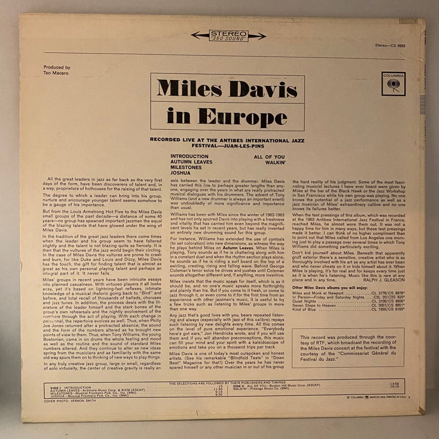 Miles Davis – Miles Davis In Europe LP USED VG++/VG++ 1964 Pressing - Image 2