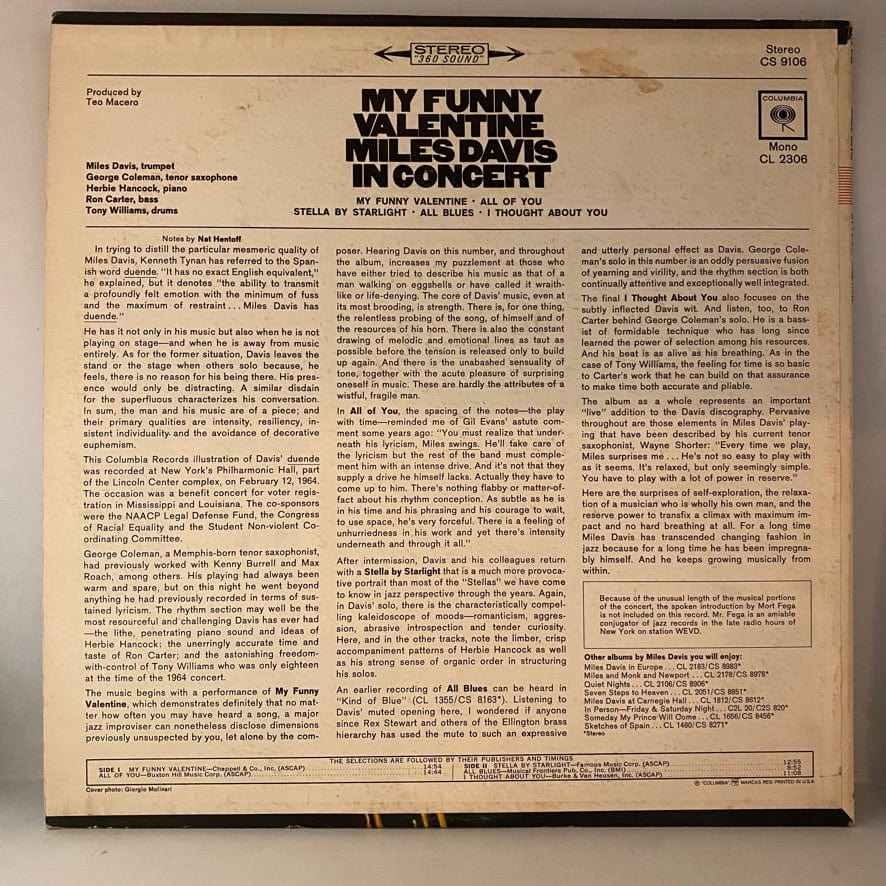Miles Davis – My Funny Valentine - Miles Davis In Concert LP USED NM/VG+ 1965 Pressing - Image 2